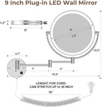 Rocollos 9" Plug-in Wall Mounted Lighted Makeup Mirror 1X/10X Magnification, Super Large Double Sided LED Vanity Mirror for Bathroom, 3 Color Dimmable 360°Swivel Extendable Shaving Cosmetic Mirror