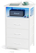 Fixwal White Nightstand with Charging Station, LED Night Stand with 3 Fabric Drawers and Open Shelf, Bedside End Table in Living Room