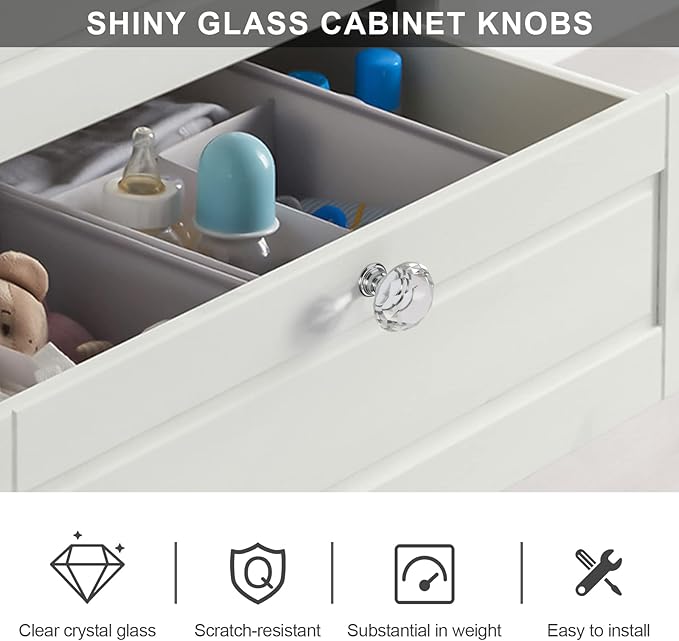 Alzassbg 10 Pack Clear Crystal Drawer Knobs, 1-1/5 Inch(30mm) Diameter Cabinet Knobs Glass Diamond Crystal Knobs for Drawers AL1001