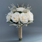 Wedding Bouquet Artificial Roses Flower Bride Bridal Bouquets Handmade Silk Creamy Flower Wedding Bridal Bouquets for Church Party Home Decoration (Cream)