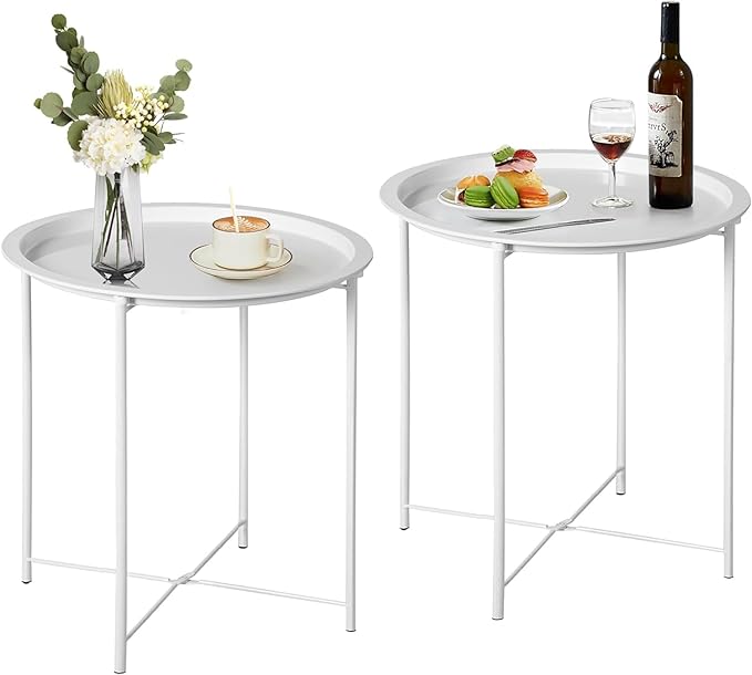 VECELO Side/End Table, Folding Round Metal Anti-Rust and Waterproof Outdoor or Indoor Tray for Living Room Bedroom Balcony and Office, 2 PCS, Beige