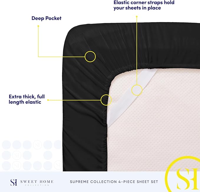 Split King Sheets - Breathable Luxury Sheets with Full Elastic & Secure Corner Straps Built In - 1800 Supreme Collection Extra Soft Deep Pocket Bedding Set, Sheet Set, Split King Size, Black