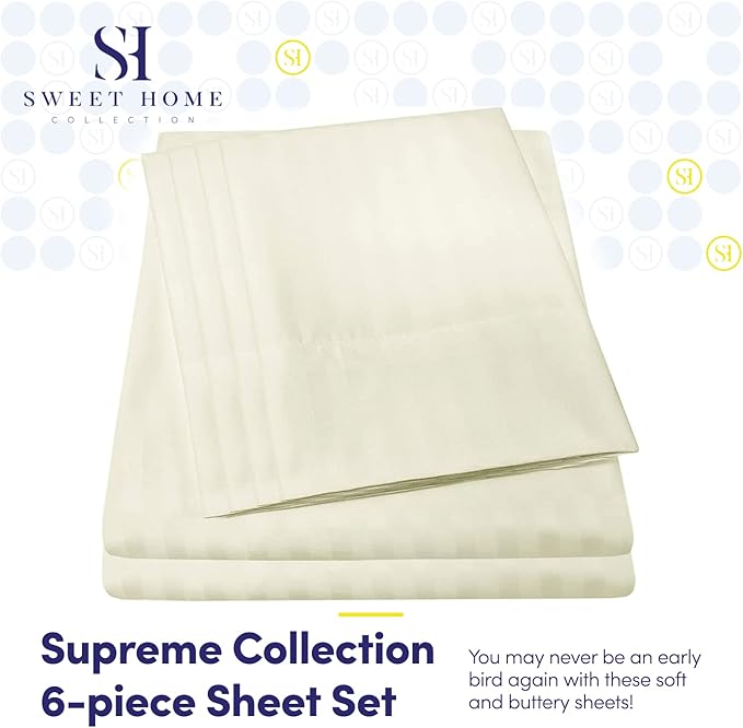 Dobby Stripe Queen Sheets - 6 Piece 1500 Supreme Collection Fine Brushed Microfiber Deep Pocket Queen Sheet Set Bedding - 2 Extra Pillow Cases, Great Value, Queen, Dobby Beige