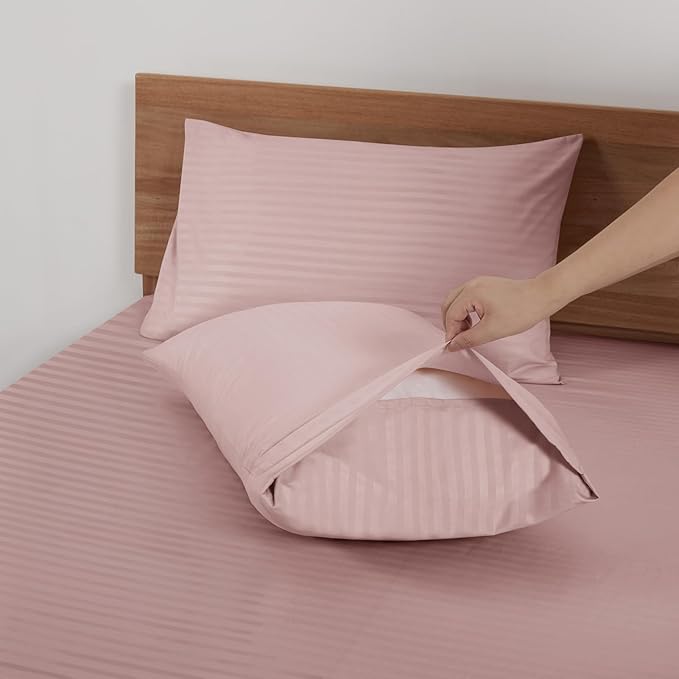 Mejoroom Striped Full Size Sheets – Extra Soft Full Size Bed Sheets - 16inches deep Pocket Full Sheet Set, Breathable, Wrinkle, Fade and Stain Resistant - 4 Piece (02-Dusty Pink)