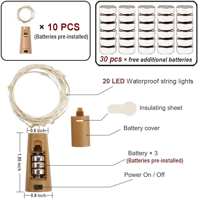 MUMUXI 10 Pack Wine Bottle Lights with Cork Switch, 3.3ft 20 LED Multicolor String Lights, Universal Size for Liquor Bottles, Christmas Decorations, Indoor and Outdoor Use, Easy-to-Use and Versatile
