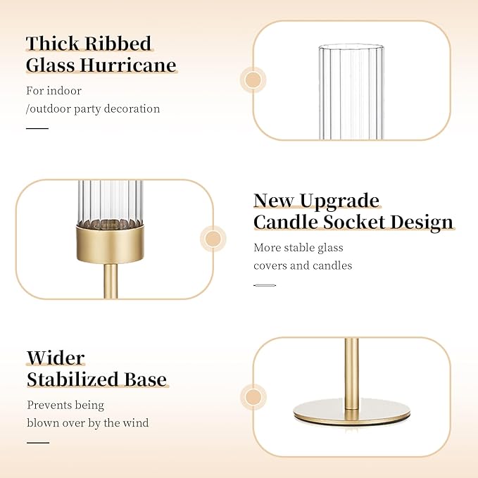 Glasseam Tapered Gold Candlestick Holders: 6 Pcs Tall Brass Taper Candle Holder with Ribbed Glass Cylinder - Hurricane Fluted Candle Holders for Table Centerpiece Wedding Party Christmas Decorations