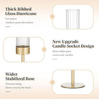 Gold Hurricane Taper Candle Holders: Glasseam 3Pcs Brass Candlestick Holders with Ribbed Glass Cylinder Cover Fluted Tall Candle Sticks Holder Decor for Table Centerpiece Wedding Christmas Decorations