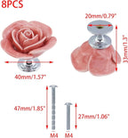 8PCS 1.57" × 1.3" Ceramics Peach Rose with Base Knobs Flower Shaped Pulls for Cupboard Drawer with 2 Kinds of Screws