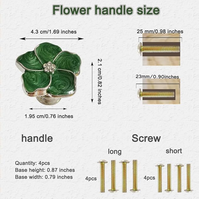 4 pcs Kitchen Handle Petal Knob Hand Zinc Alloy Single Hole Knob Inlaid Rhinestone Hand Handle for Cabinets,Drawers, Wardrobes Furniture Decoration(Green)
