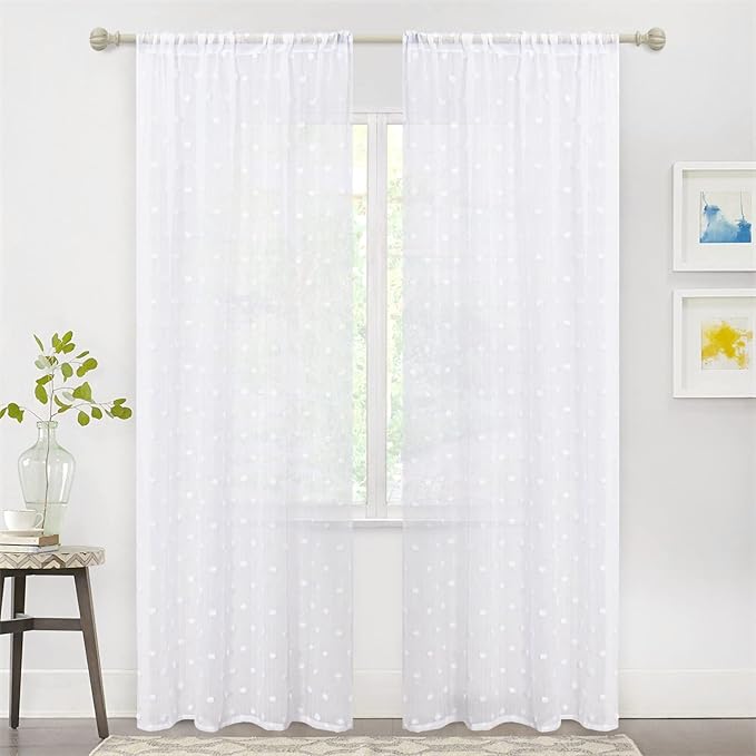 MYSKY HOME White Curtains for Living Room 90 Inch Length Long Pom Pom Curtains for Bedroom Sheer Curtain for Nursery Windows Rod Pocket Privacy Drapes Dining Room 52" x 90" 2 Panels
