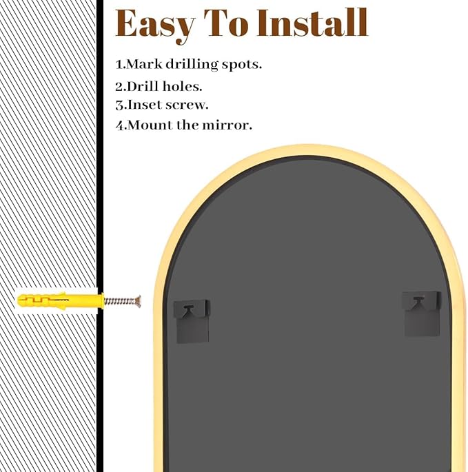VooBang Arched Wall Mirror, 32 x 48 inch Arch Bathroom Mirror, Wall Mounted Vanity Mirror with Arch Metal Frame, Modern Bathroom Vanity Mirror for Bedroom, Living Room, Hanging or Leaning, Gold