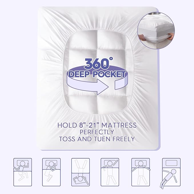 ABENE Mattress Topper for Back Pain Relief, Extra Thick Mattress Pad Pillowtop, Soft Mattress Protector Cover with 8"-21" Deep Pocket (Pure White, Twin, Feather Down)