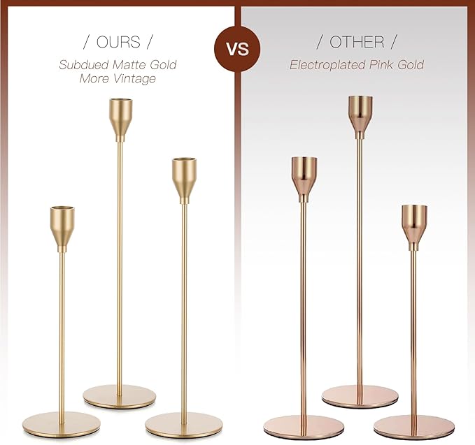 Gold Taper Candle Holders: Tall Candlestick Holder for Table Centerpiece Set of 3 Metal Candles Stick Holders Stand Wedding Decor