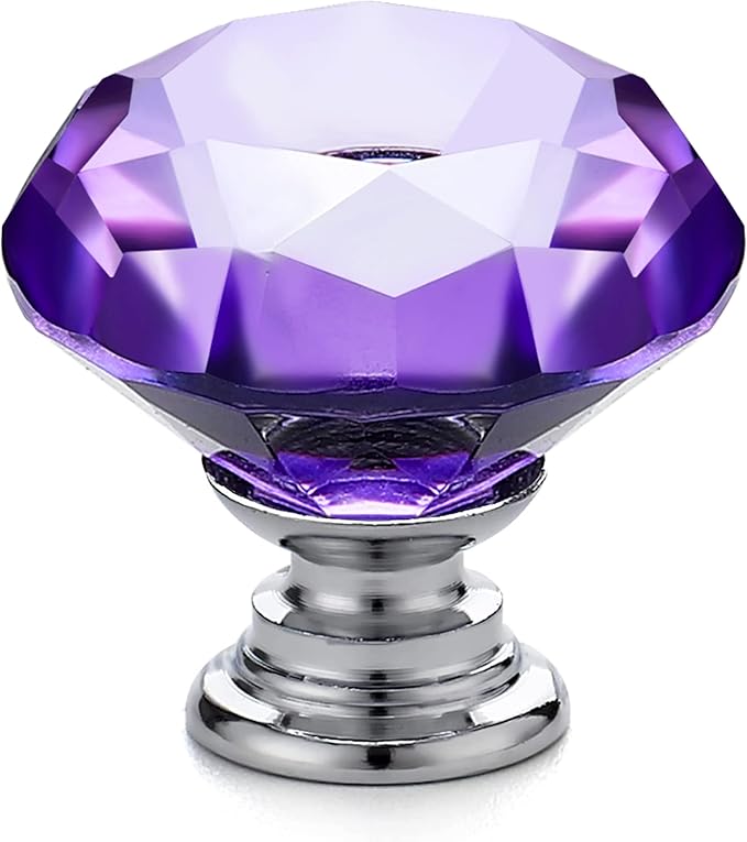 Ravinte 10 Pack Purple Crystal Knobs for Dresser Drawers Glass Cabinet Knobs Diamond Shaped Drawer Knobs - 30 mm Knobs with Silver Base