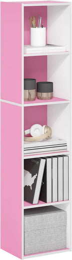 Furinno PASIR Book Shelf, 5-Tier Modern Bookshelf, Open Shelves Bookcase 9" x 12" x 52", for Living Room, Bedroom, Home Office, Pink/White