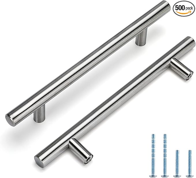 homdiy 500 Pack Drawer Handle Brushed Nickel Kitchen Hardware - HD201SN Cabinet Handles for Kitchen Furniture Hardware Derocative Straight Handle Pull, 8-4/5in Hole Centers