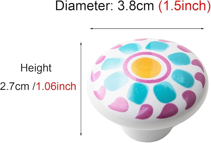 HUAMULAN 15PCS Glossy Ceramic Knobs Button Round Mushroom Cabinet Dresser Vintage Pulls Door Handles Cupboard Wardrobe Drawer, Dia. 1.5 inch 38mm,Colorful Hand Painted