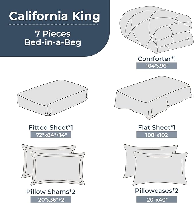 HEVUMYI Cali-King Comforter Set - 7-Piece All Season Bed in a Bag Cali-King, Ultra Soft Bedding Set with Comforter, Flat Sheet, Fitted Sheet, Pillowcases, Pillow Shams, Yellow & Light Grey