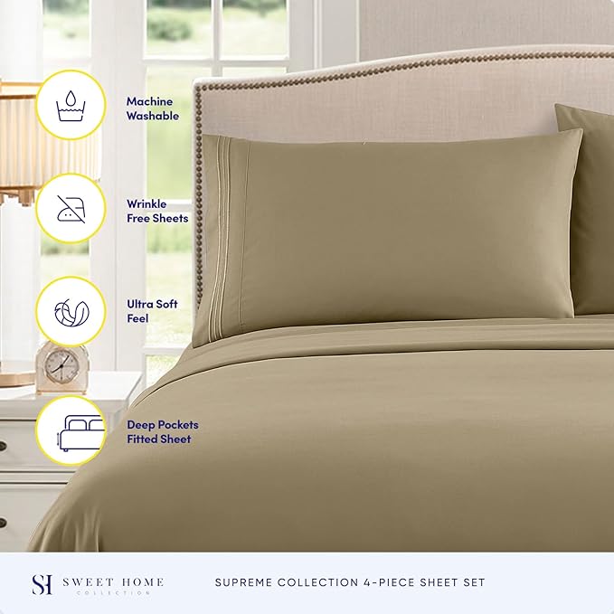 RV Queen Bed Sheets - Breathable Luxury Sheets with Full Elastic & Secure Corner Straps Built In - 1800 Supreme Collection Extra Soft Deep Pocket Bedding Set, Sheet Set, RV Short Queen, Sage