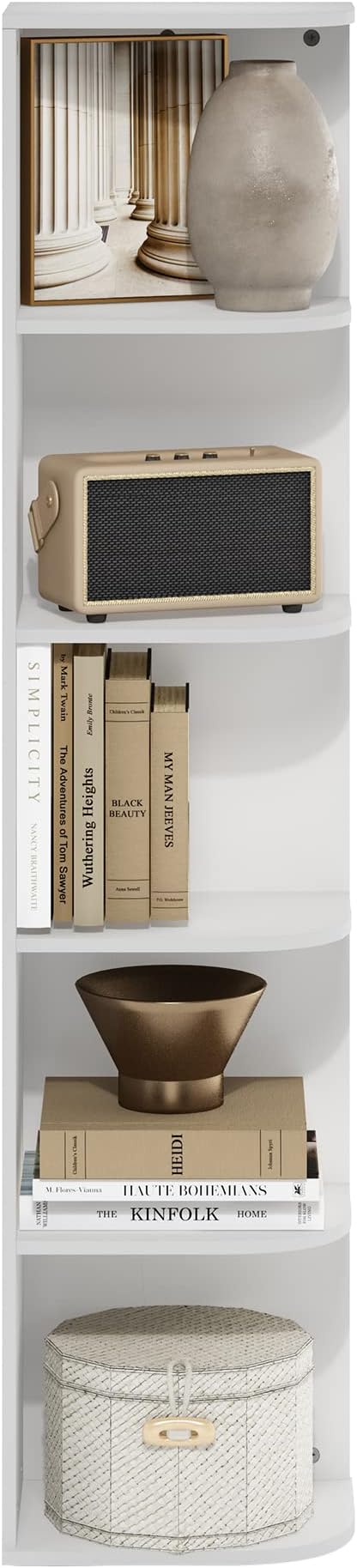 Furinno PASIR Book Shelf, 5-Tier Corner Bookshelf, Open Shelves Bookcase 9.3" x 12" x 51.7", for Living Room, Bedroom, Home Office, White