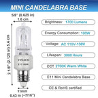 Vinaco E11 Bulb, 4PCS JDE11 120V 100W Halogen Light Bulbs, E11 Dimmable, 2700K Warm White, E11 Halogen Bulb 100 Watt with Mini Candelabra Base, High Output 1700LM & High CRI100 E 11 Light Bulb