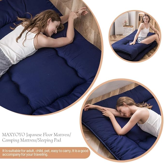 MAXYOYO Japanese Floor Mattress Futon Mattress, Thicken Tatami Mat Sleeping Pad Foldable Roll Up Mattress Boys Girls Dormitory Mattress Pad Kids Floor Lounger Pillow Bed, Navy, Queen