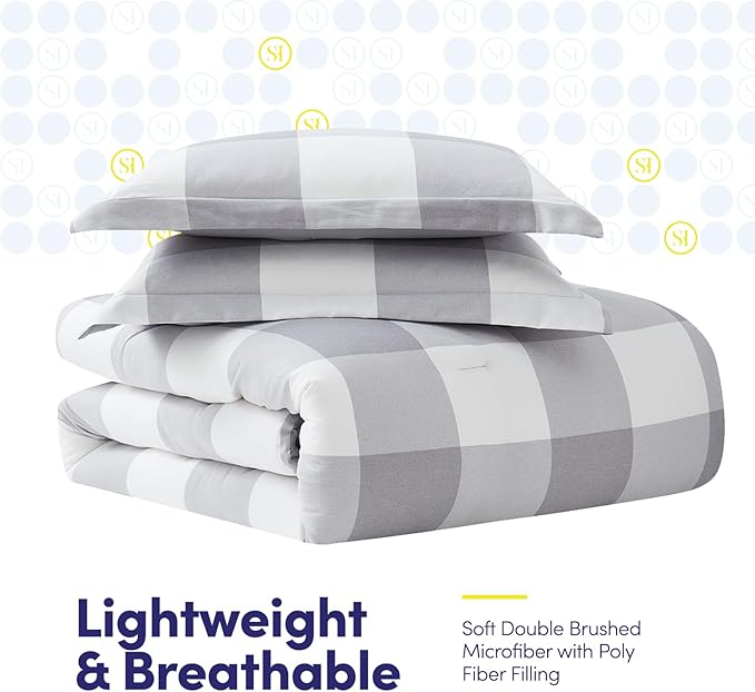 7 Piece Comforter Set Bag Solid Color All Season Soft Down Alternative Blanket & Luxurious Microfiber Bed Sheets, Queen, Checkered Box