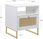 Nathan James Mina Side, End or Accent Table in a Matte White Finish & Brass Gold Legs with Natural Rattan Storage Door for Living Room or Nightstand for Bedroom, White/Gold, Set of 2