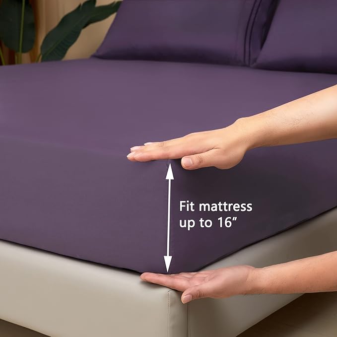 Mejoroom King Size Bed Sheet Set - Hotel Luxury 1800 Bedding Sheets & Pillowcases - 16" Deep Pocket Fitted Sheet, Soft, Breathable, Wrinkle & Fade Resistant - 4 Piece(King, Purple)