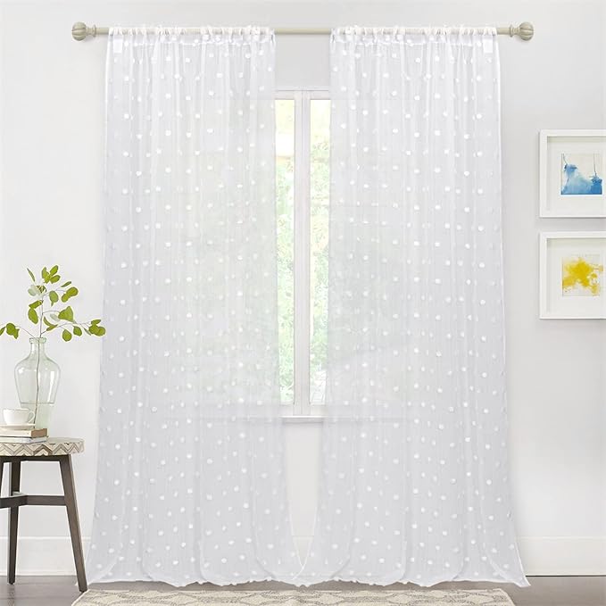 MYSKY HOME Living Room Pom Pom Sheer Curtains - White, Light Filtering, 95Inch Length, Rod Pocket, 52 x 95 inch, 2 Pieces