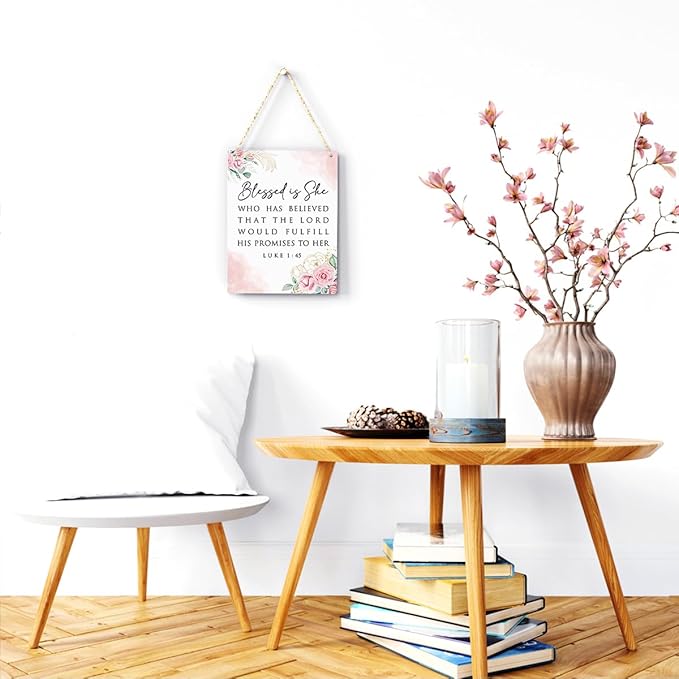 Inspirational Bible Verse Wall Art Decor Pink Luke 1:45 Christian Gifts for Women Scripture Wooden Hanging Sign for Modern Home Office Kids Room Bathroom Bedroom Wall Art Decoration 8 x 10 Inches