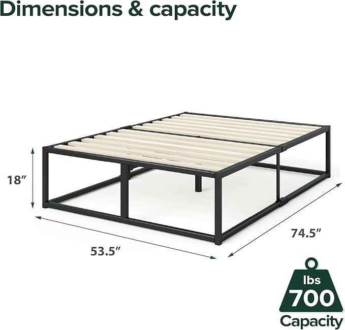 Zinus Joseph 18 Inch Platform Bed Frame, Wood Slat Support, No Box Spring Needed, Eco Friendly WonderBox(TM) Packaging, Easy Assembly, Black, Full