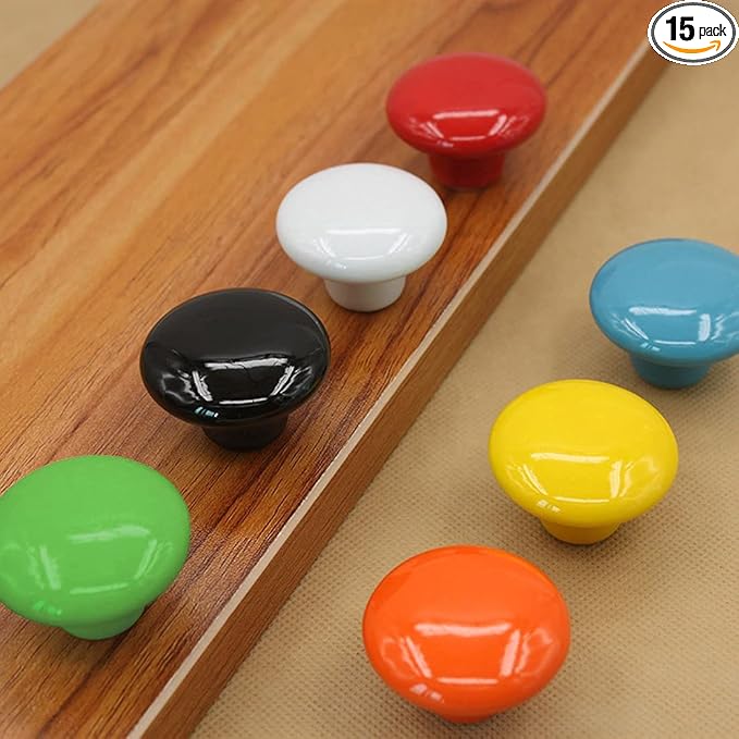 HUAMULAN 15PCS Glossy Ceramic Knobs Button Round Mushroom Cabinet Dresser Vintage Pulls Door Handles Cupboard Wardrobe Drawer, Dia. 1.5 inch 38mm, Mixed Color