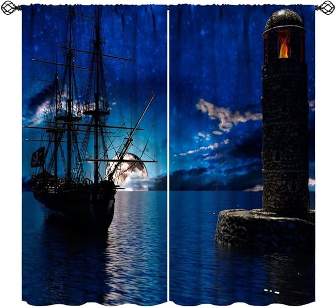 Pirate Ship Curtains, Nautical Sailboat Sailing Ocean Adventure Full Moon Cloudy Night Sky Old Lighthouse Print Blackout Window Treatments for Bedroom Living Room 63x72in