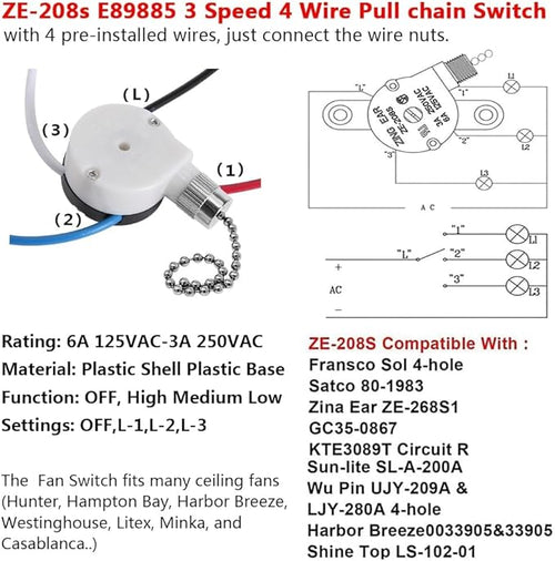 2PS Ceiling Fan Switch Zing Ear ZE-208s E89885 3 Speed 4 Wire Pull Chain Switch Fan Light Switches Replacement Part with 4 Pre-Installed Wires(Nickel Chain)