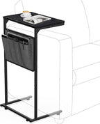 Vantic C Shaped End Table, Small Side Table for Couch and Recliner, Slide Under Sofa Tray Desk with Storage Bag for Living Room and Bedroom, Ebonized Oak