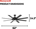 Honeywell Ceiling Fans Xerxes, 62 Inch Modern Indoor Ceiling Fan with Lights and Remote Control, Color Changing LED, 8 Dual Finish Blades, Reversible Motor - 51904-01 (Black)