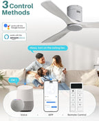 Sofucor 52 Inch Smart Ceiling Fan Without Lights Flush Mount Solid Wood Ceiling Fan with Alexa/Google Assistant/APP/Remote Control-Modern Outdoor Ceiling Fans No Light for Bedroom/Patio, Silver Grey