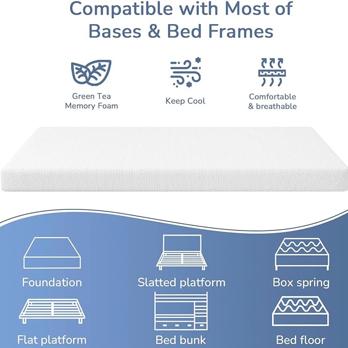 PayLessHere 5 Inch Twin XL Green Tea Memory Foam Mattress Cooling Gel Infused Mattress,Medium Firm Mattresses Fiberglass Free/CertiPUR-US Certified/Bed-in-a-Box/Pressure Relieving Twin XL Size,White