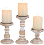 Wood Pillar Candle Holder: 3Pcs Rustic White Candle Holders for Pillar Candles Wood Candle Holders Distressed Wooden Farmhouse Candle Holder Large Rustic Candle Holder for Fireplace Table
