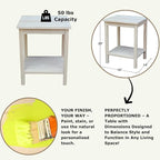 Portman Accent Table Solid Parawood Unfinished Wood 16"W x 14"D x 20"H with Shelf, Small Living Room Furniture for Painting or Staining, Traditional End Table for Bedroom or Entryway