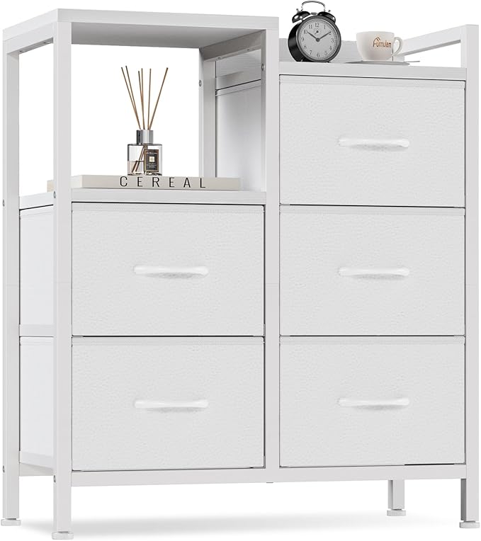 Furnulem 5 Drawer White Dressers for Bedroom 2 Tier Shelf Storage Small Fabric Dresser for Closet Sturdy Metal Frame Modern Style Storage Cabinets Organization Units for Hallway Rooms