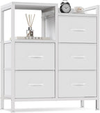 Furnulem 5 Drawer White Dressers for Bedroom 2 Tier Shelf Storage Small Fabric Dresser for Closet Sturdy Metal Frame Modern Style Storage Cabinets Organization Units for Hallway Rooms