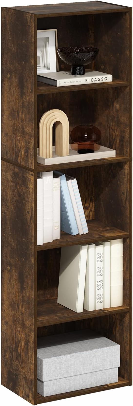 Furinno LUDER Book Shelf, 5-Tier Bookshelf, Bookcase, 9.4" x 15.8" x 52", for Living Room, Bedroom, Home Office, Amber Pine