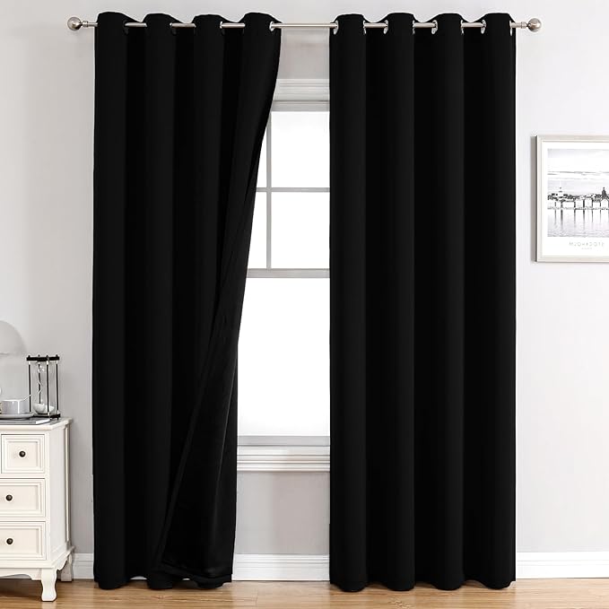 ChrisDowa 100% Blackout Curtains 80 inch Long for Bedroom with Black Liner, 2 Thick Layers Total Blackout Thermal Insulated Grommet Window Curtains 2 Panels Set (Black, 52 x 80 Inch)