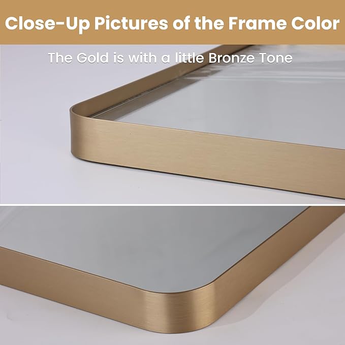 LOAAO 30”X36” Gold Bathroom Mirror, Rounded Rectangle Gold Frame Mirror, Brushed Gold Bathroom Vanity Mirror Wall-Mounted, Anti-Rust, Tempered Glass, Hangs Horizontally or Vertically