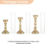 NUPTIO Hurricane Candle Holder for Centerpiece: Set of 3 Gold Candlestick Holders with Glass Shade - Vintage Taper Candleholder for Christmas Dining Table Fireplace Mantle Decor