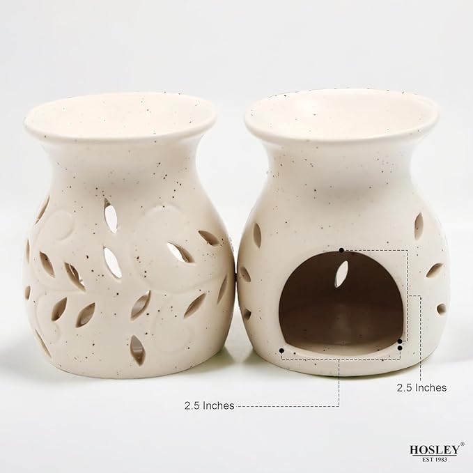 Hosley Elegant Ceramic Oil Warmers with Leaf Pattern and Speckle Design 4.5 Inches High Tealight Compatible for Aromatherapy and Home Decor Set of 6