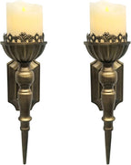 Gold Candle Sconces Set of 2 - Metal Wall Candle Holders for Pillar - Vintage Brass Wall Décor for Living Room Bathroom Dining Room
