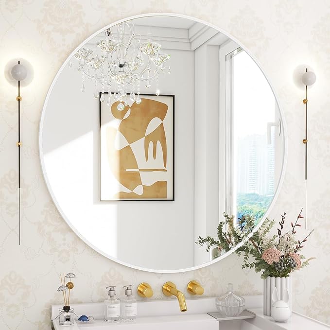 BEAUTYPEAK 24 Inch Round Mirror, Metal Frame Circle Mirror, Wall Mounted for Entryway, Bathroom, Vanity, Living Room, White